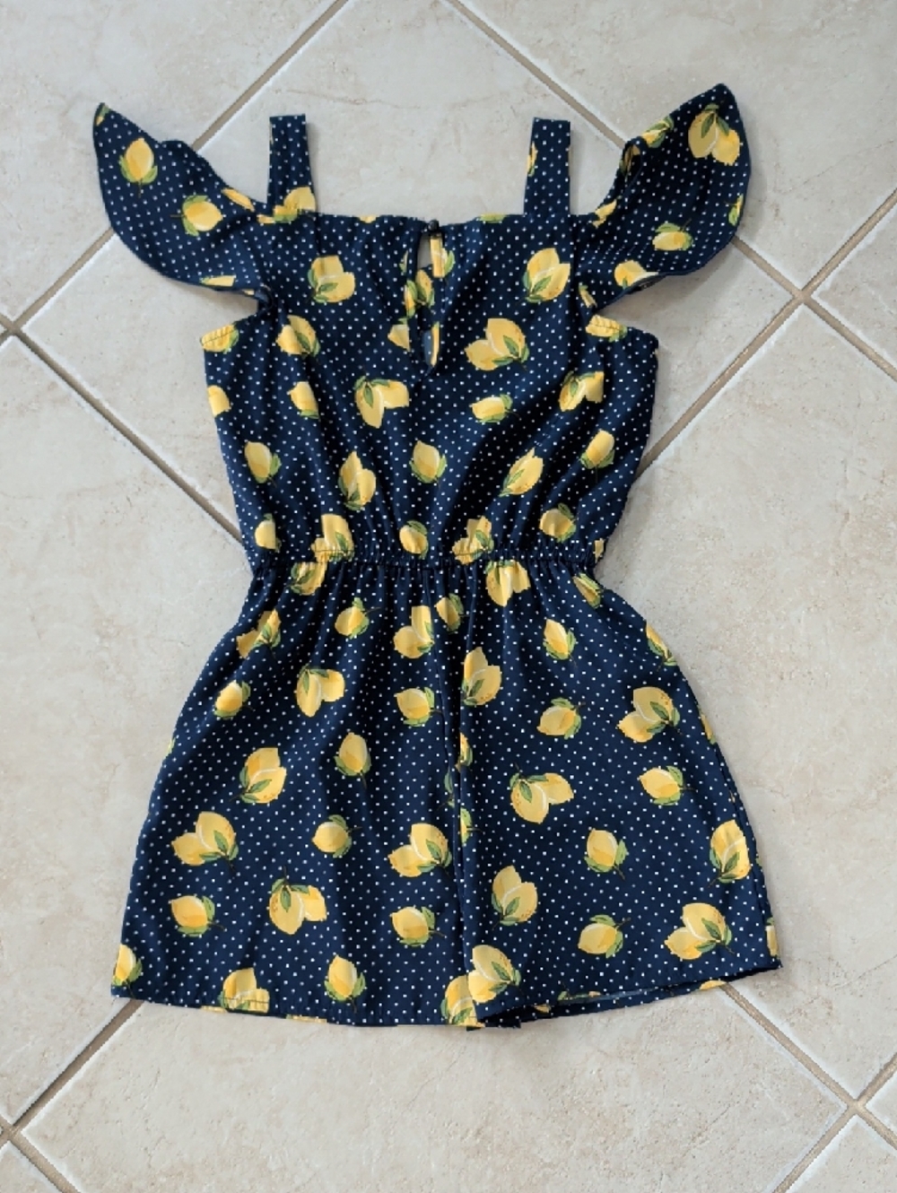 Lily Bleu Girls Size 10 Navy Blue Polka Dot Lemon Print Romper - Picture 5 of 6